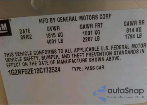 2003 Pontiac Grand Am Se1 z USA, uszkodzony, nr VIN 1G2NF52E13C172524